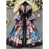 European and American western-style dress, women's court style retro elegant lantern sleeves, waist cinched single breasted slit printed long skirt