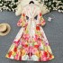 2025 Spring Fashion European and American Elegant Fashion Palace Style Printed Single breasted Waist Lantern Sleeve Large Swing Long Dress