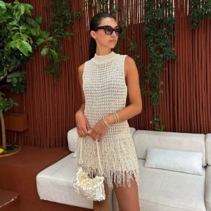 2024 Autumn New Women's Small Fragrant Knitted Tank Top Skirt with Tassel Decoration Sleeveless Round Neck Hollow Short Skirt