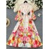 2025 Spring Fashion European and American Elegant Fashion Palace Style Printed Single breasted Waist Lantern Sleeve Large Swing Long Dress