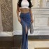 Foreign Trade 2025 European and American socialite summer high-end solid color slim fit three-dimensional flower slit hanging feeling concealing flesh half skirt