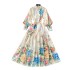 2025 Spring Costume Palace Style Printed Dress for Women, European and American Fashion, Strap up Waist Stand up Collar, Single breasted Folded Long Dress