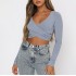 2023 European and American style Instagram Spring and Autumn new women's clothing sexy cross V-neck splicing slim fit long sleeved solid color base shirt for women