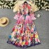 European and American socialite elegant bow print chiffon shirt+high waisted hanging half skirt vacation style set