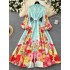 2025 Spring Fashion European and American Elegant Fashion Palace Style Printed Single breasted Waist Lantern Sleeve Large Swing Long Dress