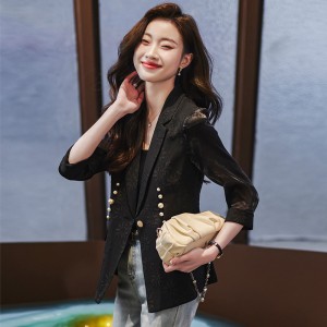 High end printed fashionable spring and summer seven quarter sleeve suit jacket for women, black western-style casual thin design suit