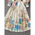 2025 Spring Costume Palace Style Printed Dress for Women, European and American Fashion, Strap up Waist Stand up Collar, Single breasted Folded Long Dress