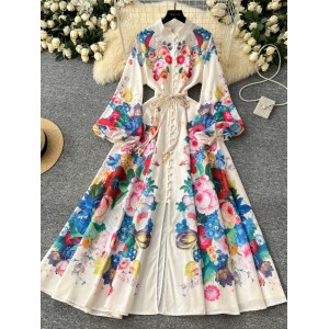 European and American western-style dress, women's court style retro elegant lantern sleeves, waist cinched single breasted slit printed long skirt