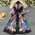 European and American western-style dress, women's court style retro elegant lantern sleeves, waist cinched single breasted slit printed long skirt