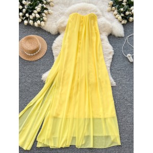 Yellow vacation style dress, women's French gentle temperament, sleeveless strapless, loose and slimming, fluttering chiffon fairy dress