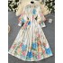 2025 Spring Costume Palace Style Printed Dress for Women, European and American Fashion, Strap up Waist Stand up Collar, Single breasted Folded Long Dress