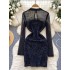 Goddess style sexy see through mesh long sleeved patchwork sequin plush slimming and slimming temperament, hip hugging dress dress