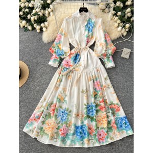 2025 Spring Costume Palace Style Printed Dress for Women, European and American Fashion, Strap up Waist Stand up Collar, Single breasted Folded Long Dress