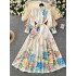 2025 Spring Costume Palace Style Printed Dress for Women, European and American Fashion, Strap up Waist Stand up Collar, Single breasted Folded Long Dress