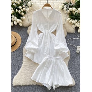 French style light mature style waist cinched lapel lantern sleeve white shirt dress+high waisted loose wide leg shorts set