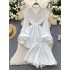 French style light mature style waist cinched lapel lantern sleeve white shirt dress+high waisted loose wide leg shorts set