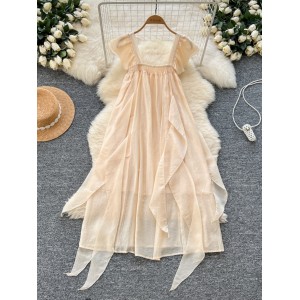 French gentle style square neck small fly sleeves loose slimming ruffle edge chiffon dress for women 2025 spring dress fairy dress