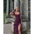 European and American style 2024 sexy hot girl cross-border summer women's dress with suspender, square neck, fungus edge, side slit, solid color dress