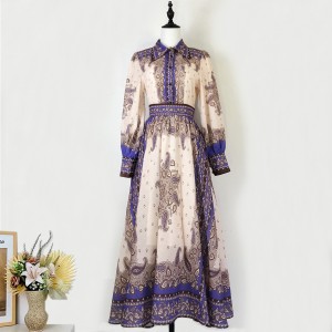 Real time stock of 2025 spring and summer vacation new ramie retro patterned shirt+half skirt long skirt set for women