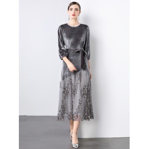 Real shot French socialite temperament lace sequin patchwork gold velvet dress in stock