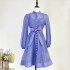 Real shot spot French early spring silk and linen drape stand collar design, heavy-duty nail drill long sleeved buckle lantern sleeve dress