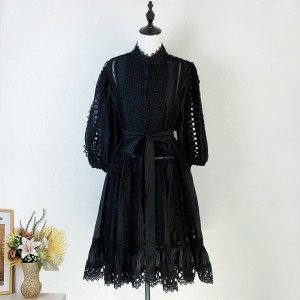 Real time spot European and American niche retro style heavy industry love lace collage loose lace up single breasted dress