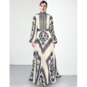 Factory direct sales of European and American fashionable printed evening dresses, long pleated dresses with large swings