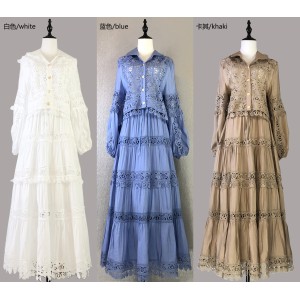 Real time spot French style long skirt set with high-end feel, hollowed out embroidery lace patchwork top+half skirt set