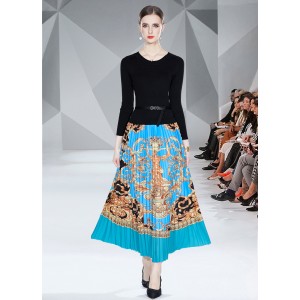 Real time spot French socialite temperament long sleeved knitted patchwork printed skirt high waist slimming dress special offer