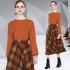 Real time spot orange pullover long sleeved sweater+woolen temperament plaid skirt two-piece set