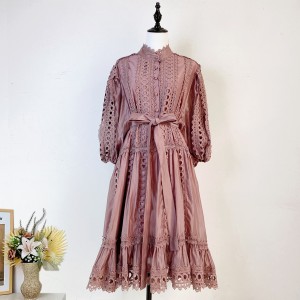 Real shot spot 6-color Bohemian vacation heavy industry lace hollow lace half high neck long sleeved short dress