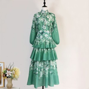 Real time spot Australian vacation new ramie watercolor green printed shirt+high waisted cake skirt two-piece set