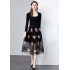 Real shot black knitted sweater+heavy-duty mesh embroidered skirt two-piece set 9649