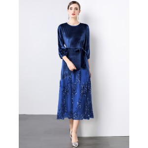 Real shot French socialite temperament lace sequin patchwork gold velvet dress in stock