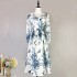 Real time spot French romantic retro temperament long sleeved V-neck nail bead waist slimming celadon printed dress