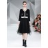 Real shot small fragrant style V-neck long sleeved knitted patchwork mesh irregular dress in stock