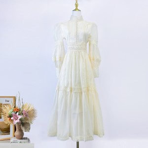 Real shooting spot 8-color stand up collar lantern sleeves, embroidered lace lace, 2025 spring/summer new retro dress