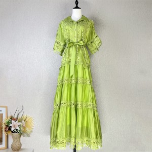 Real time spot French retro court style hollowed out hook and flower lace patchwork stand up collar breasted western-style dress long skirt