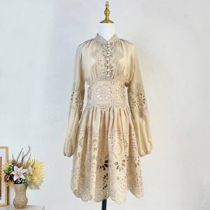 Real time spot Australian niche new single breasted linen hollow embroidery West Street long sleeved mini dress for women