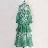 Real time spot Australian vacation new ramie watercolor green printed shirt+high waisted cake skirt two-piece set