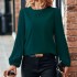 European and American 2024 Spring and Autumn New Women's Folding Long Sleeve Shirt Fashion Round Neck Retro Solid Color Leisure Vacation Top