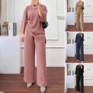 Cross border 2023 autumn/winter new women's long sleeved top and wide leg pants set, solid color casual sportswear 2-piece set