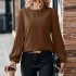 European and American 2024 Spring and Autumn New Women's Folding Long Sleeve Shirt Fashion Round Neck Retro Solid Color Leisure Vacation Top