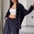 Euro American Cross border 2024 Spring New Casual Set Solid Color Collar Long Sleeve Shirt Top Haren Pants Two Piece Set