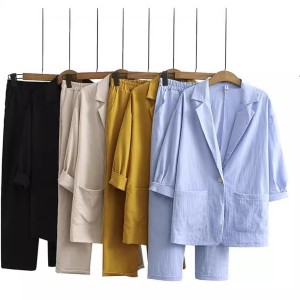 Women's cotton and linen 2-piece suit jacket+pants autumn loose and fashionable casual cotton and linen suit top set