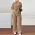 Cross border 2023 autumn/winter new women's long sleeved top and wide leg pants set, solid color casual sportswear 2-piece set