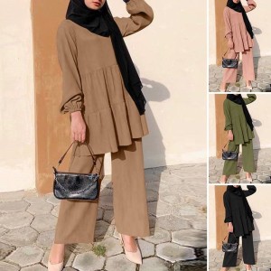 Women's Fashion Muslim Hoodie Set Wide Leg Shirt and Pants Set Elegant Solid Color Set Spring and Autumn