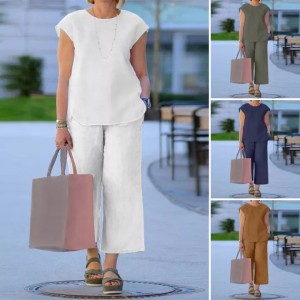 European and American Cross border 2024 Women's Large Summer Solid Color 2-piece Set Round Neck Tank Top Basic Wide Leg Pants