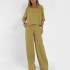 Casual and fashionable pocket pants beach set, spring and summer short sleeved top, pullover set, women's cotton and linen solid color two-piece set