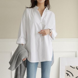 Cross border 2024 women's solid color autumn new style fresh long sleeved top design sense slit fat MM loose shirt